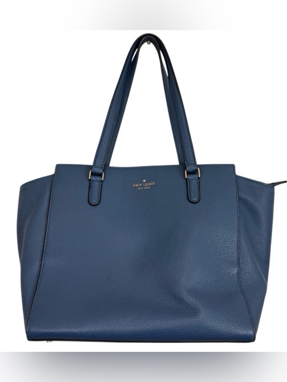 kate spade blue Pebbled Leather Tote with Gold Logo
